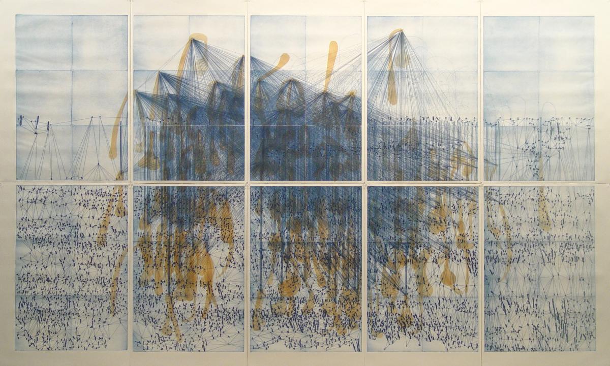 Paper and ink art piece divided by ten different papers with blue lines