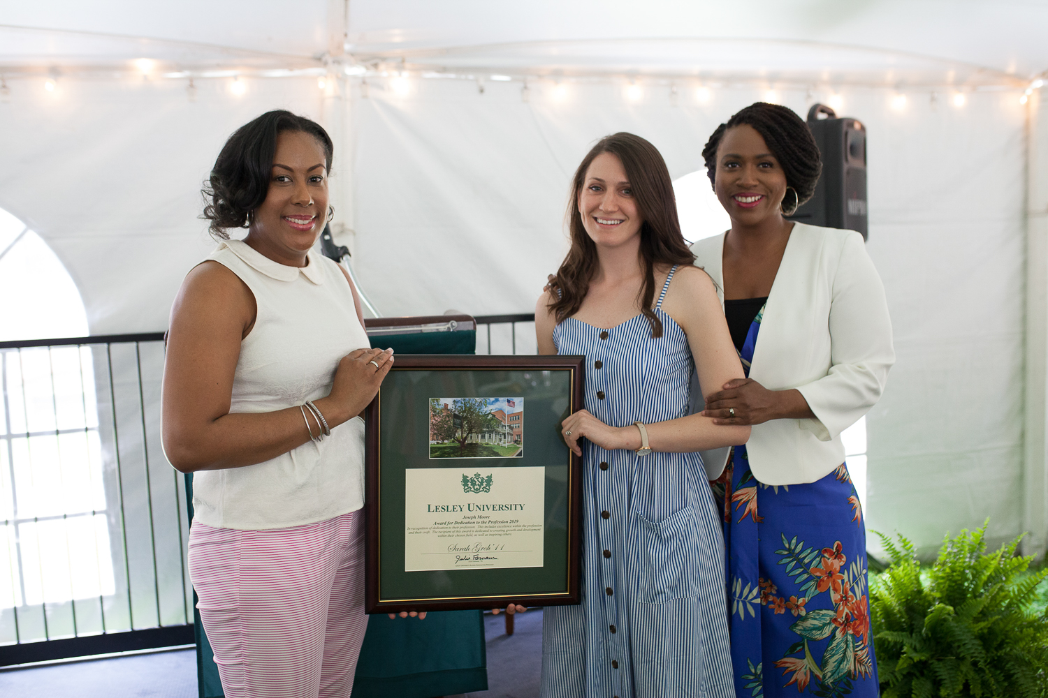 Andrea Taylor Dunkley, Sarah Groh, Ayanna Pressley - posed shot with Sarah holding her award
