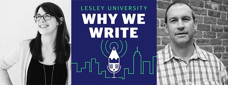 Banner featuring black and white pictures of Katie Cotugno and Scott Loring Sanders with a color logo of the Why We Write podcast in the middle
