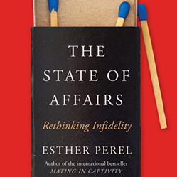 Close up of Esther Perel's book "The State of Affairs" - cover is a match book with the words overlaid on it.