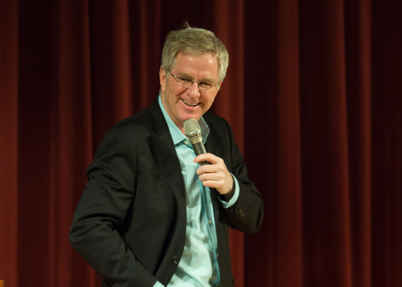 Rick Steves speaks with Lesley students in Marran Theater