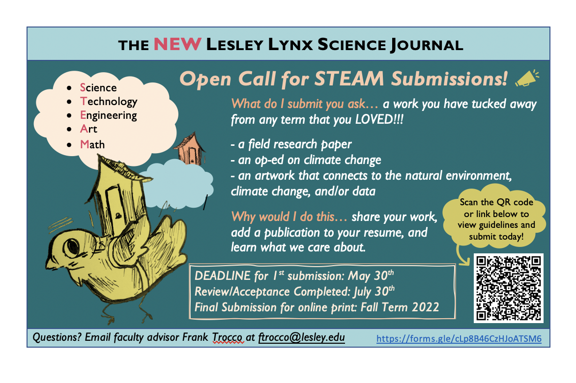 THE NEW LESLEY LYNX SCIENCE JOURNAL: Open Call for STEAM Submissions! Flyer