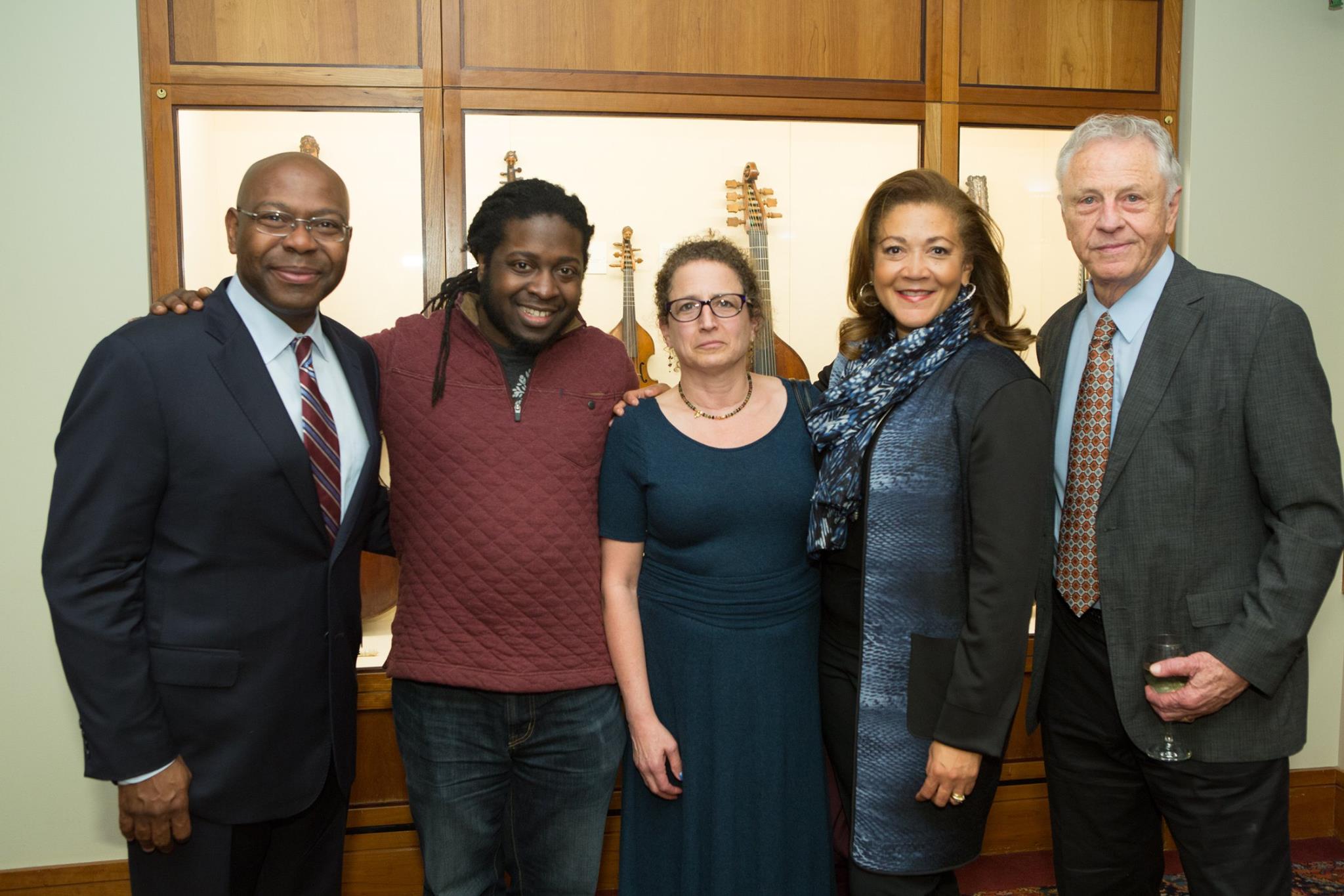 Jason Riley, Derrick Duplessy, Lesley student Marcia Walsh, Michele Norris and Morris Dees gather after the lecture.