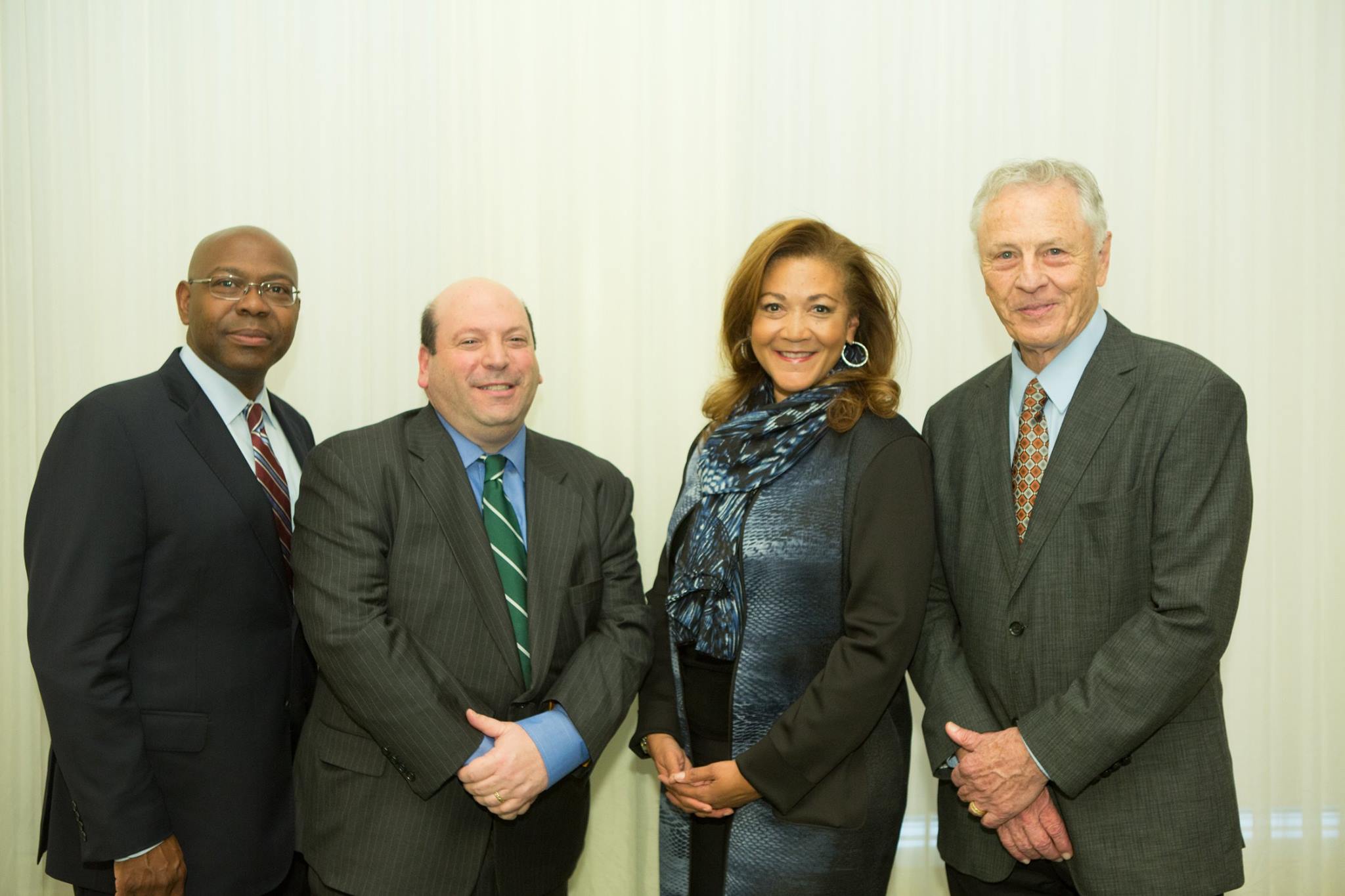 (L to r) Jason Riley, Lesley President Jeff Weiss, Michele Norris and Morris Dees gather before the lecture.