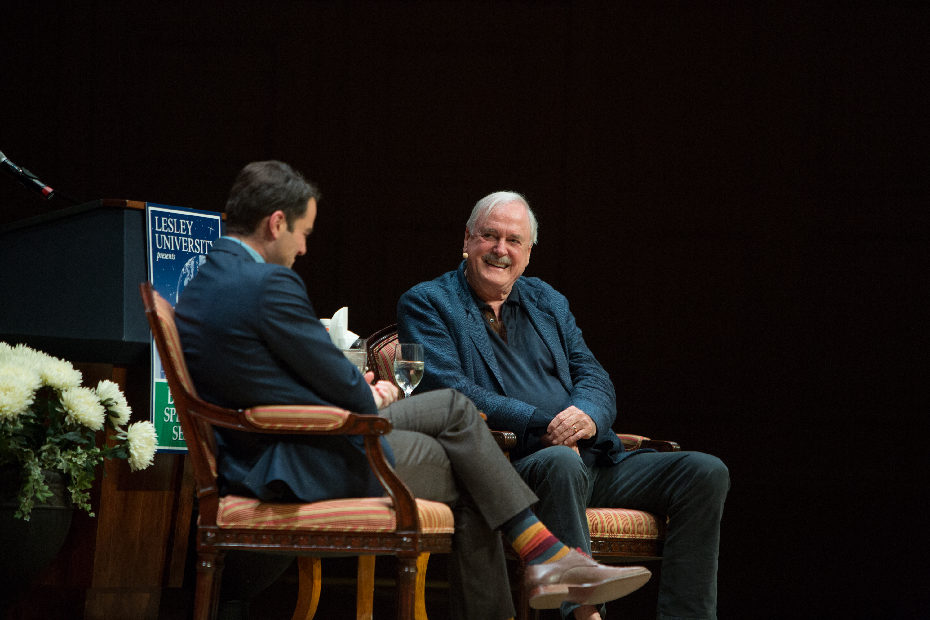 British comedy legend John Cleese joshes with WGBH's Jared Bowen.