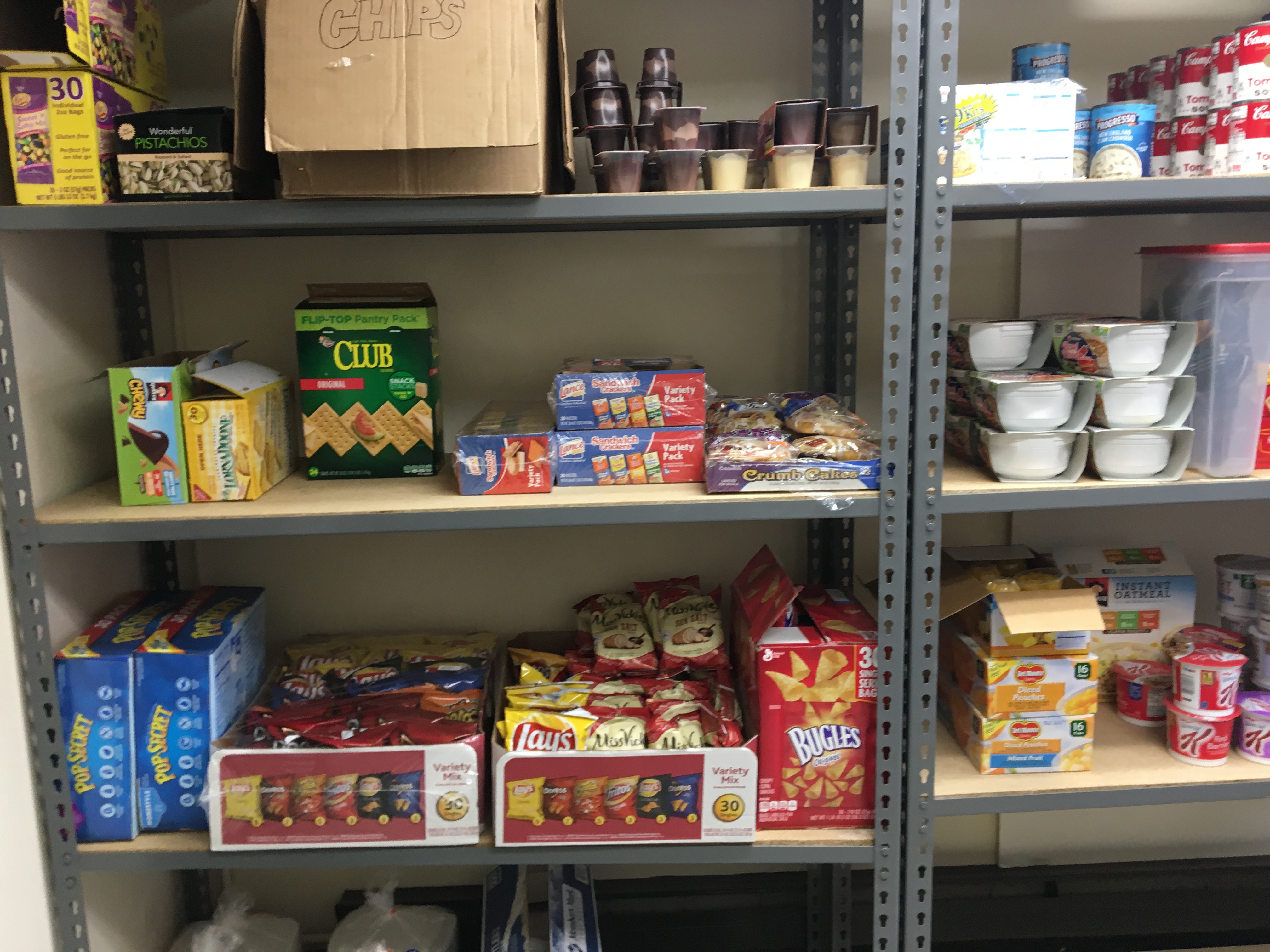 Food pantry stocked shelves