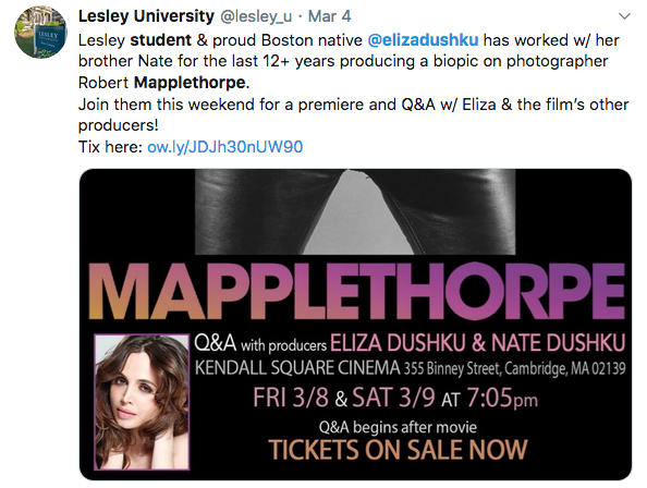 Screenshot of tweet featuring Lesley student Eliza Dushku's film Mapplethorpe
