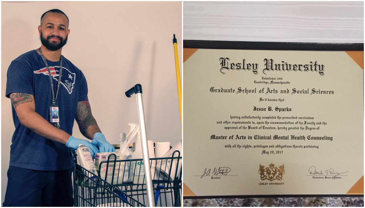 On the left, Jesse Sparks stands with his cart of cleaning supplies. On the right, Sparks' diploma.