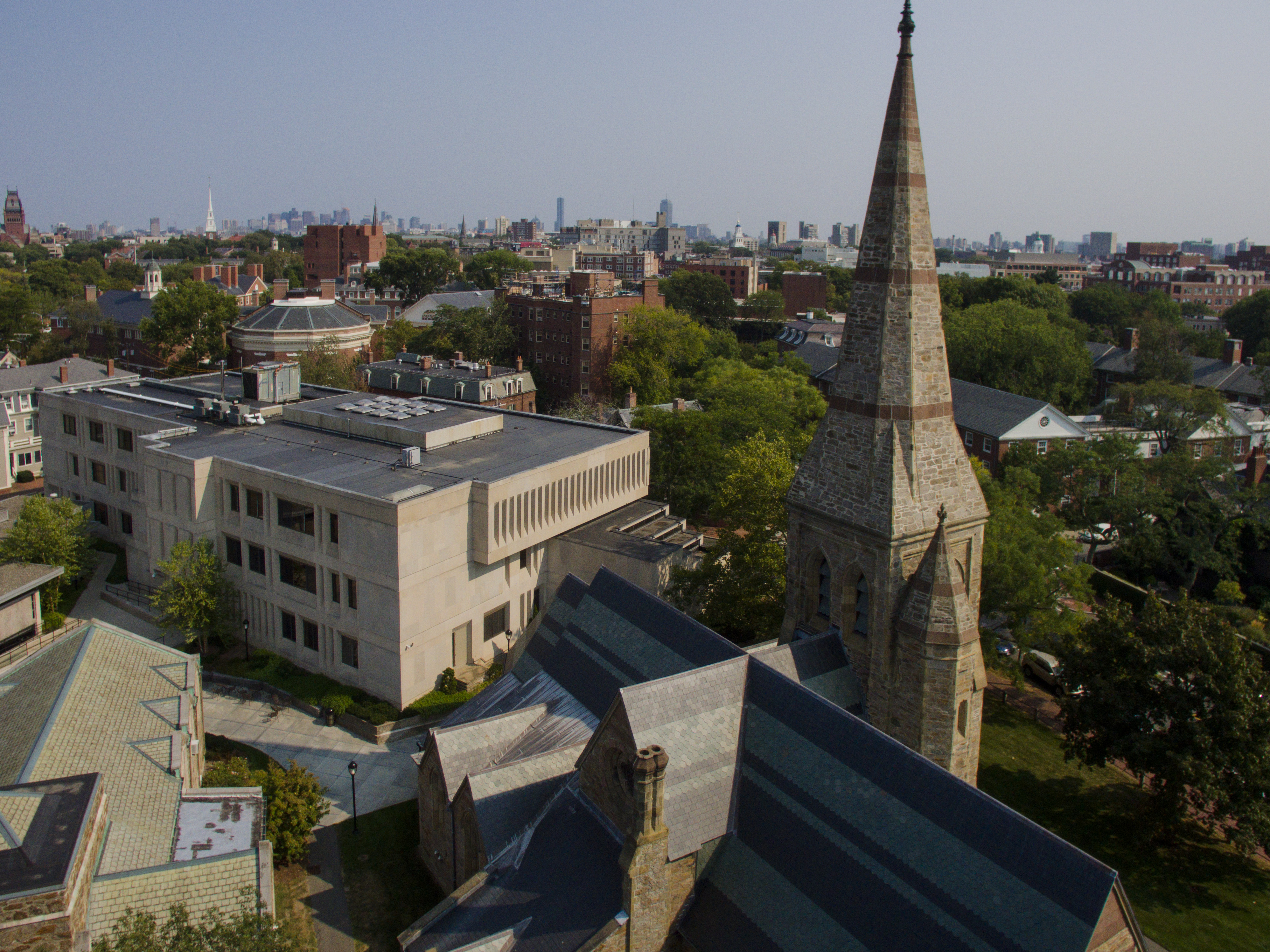 Aerial shot of Cambridge with Sherrill Library and St. John's Chapel in the foreground.