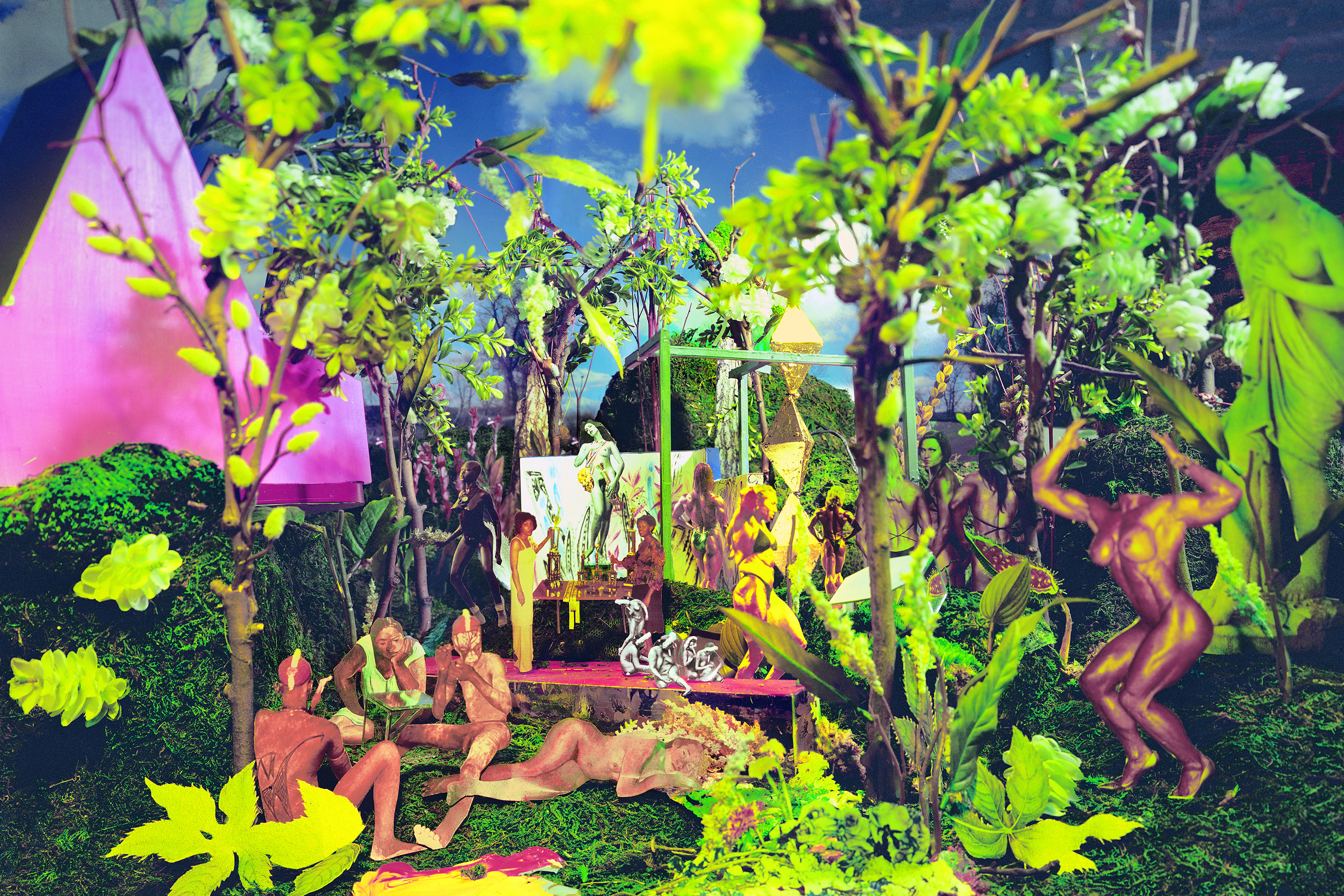 digital print with collaged imagery of nude people in a lush green forest