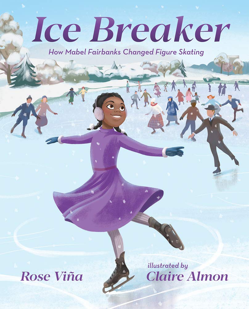 Illustrated book cover with an African-American girl wearing a purple dress and ice skating