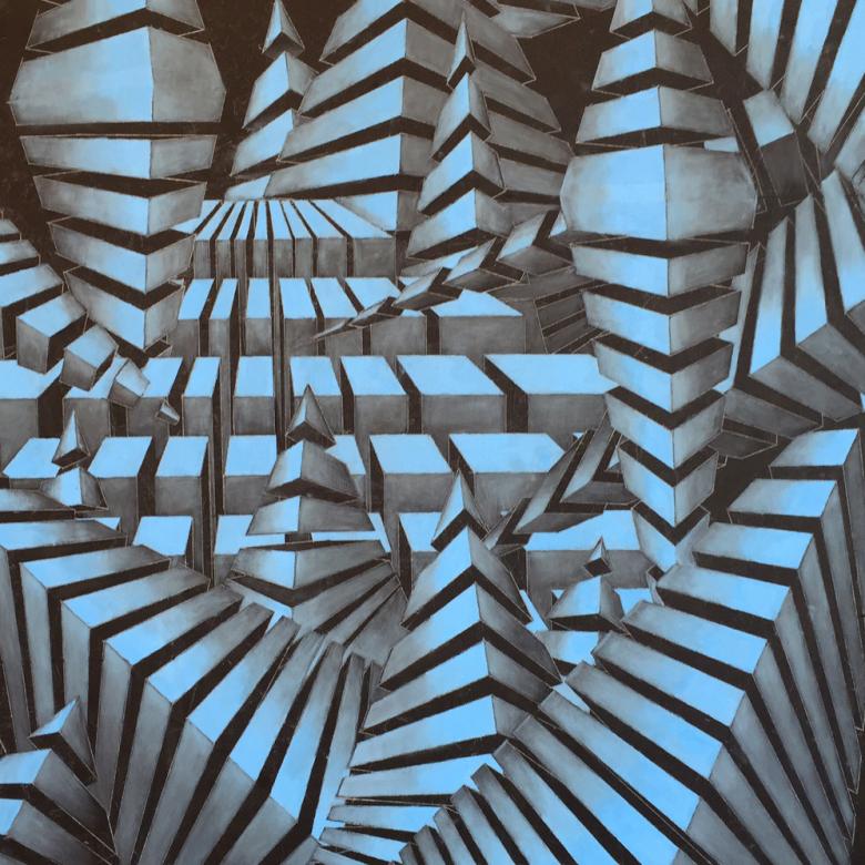 Art piece with blue, black and white stripes and twisted shapes.