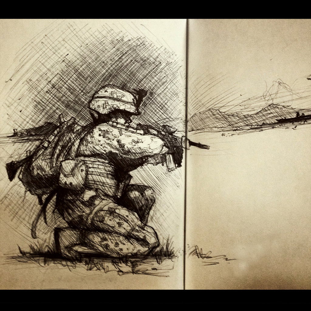 A sketch of a soldier on one knee with a gun
