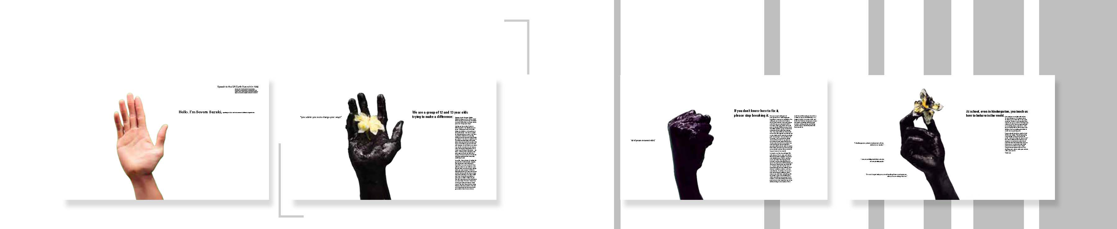 small thumbnail images of magazine spreads with hands and text on each page