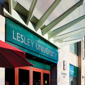 lesley university hall building entrance sign