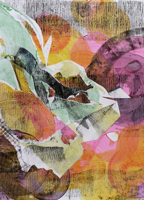 ripped paper collaged around different shapes in pinks, yellow and orange. 