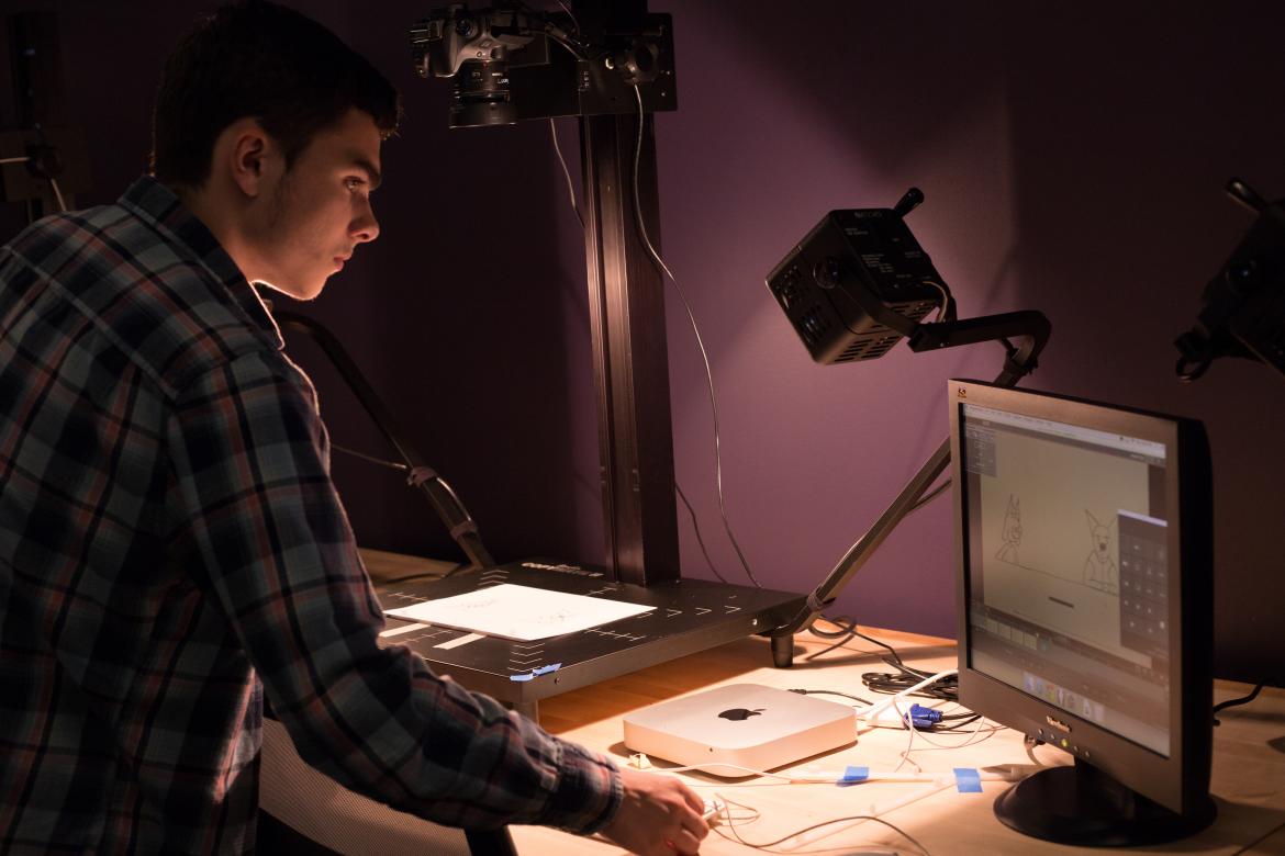 student at stop motion station in the animation studio