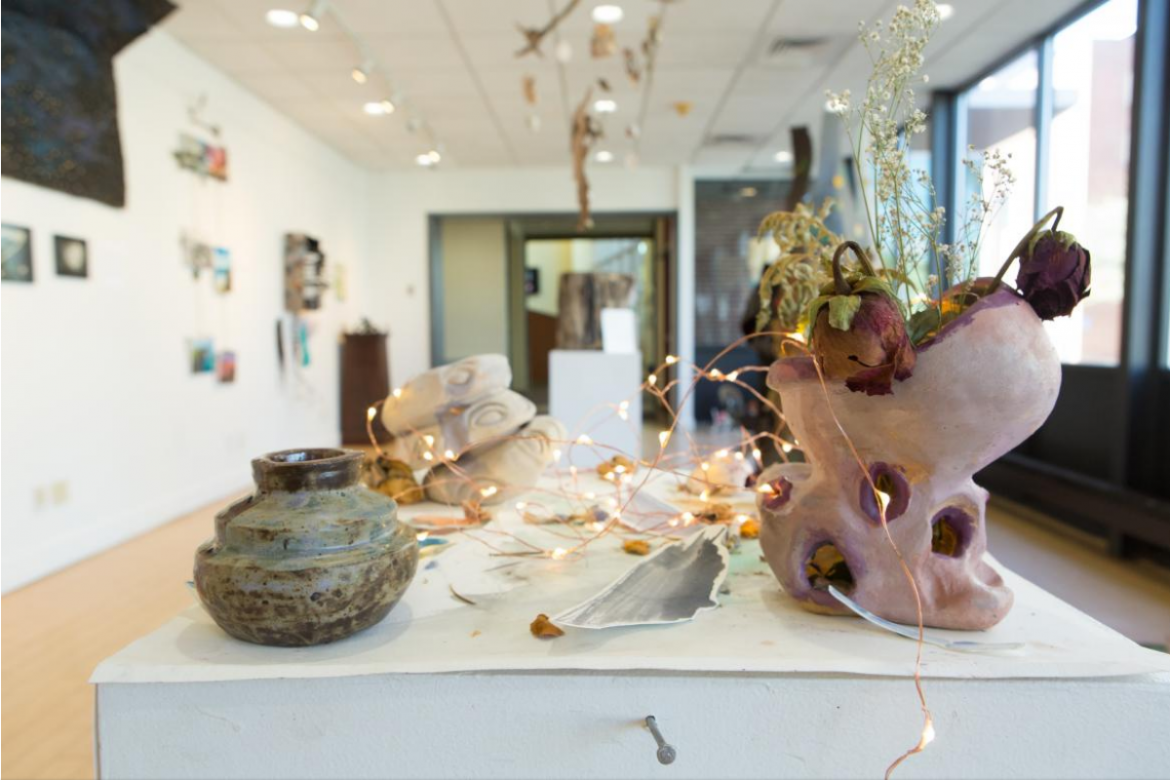 exhibition with pottery and other ceramic items on display in gallery