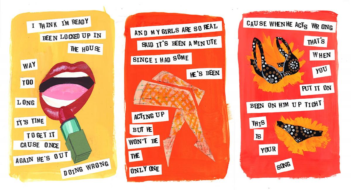 three illustrated panels with collaged text and graphics of mouth, legs and underwear.