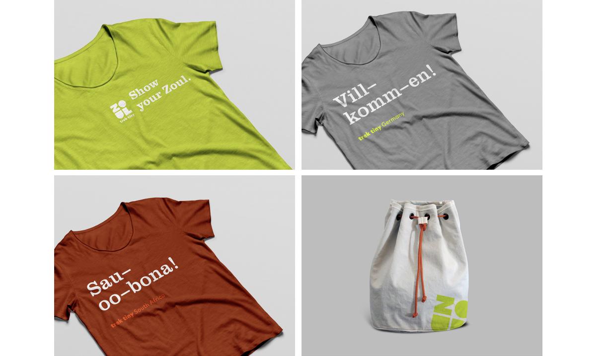 four square images of three different t-shirts and one canvas bag