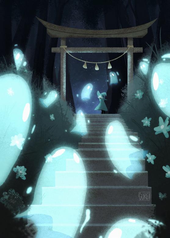 Illustration of light blue glowing ghosts floating up a staircase at night, towards what looks like a witch.