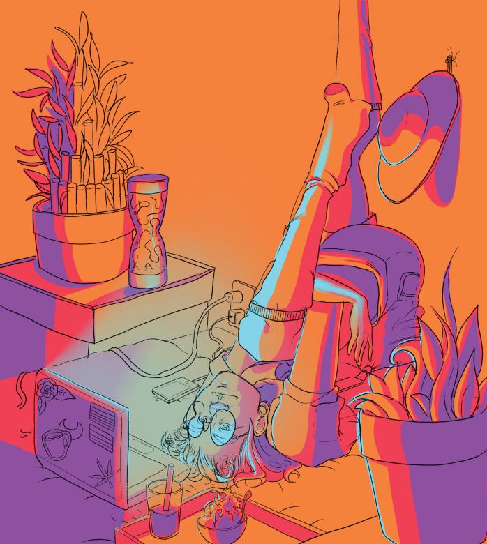 Red, orange, and purple illustration of a young person who lies on their back on their bed looking upside-down at their laptop in front of them, their legs up against the wall.