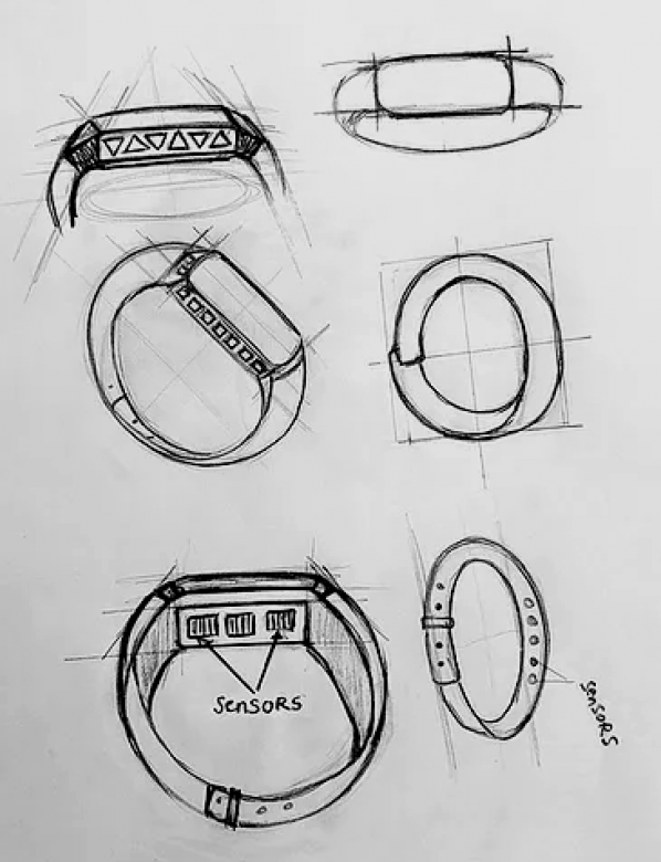 Sketches of a smartwatch at various angles. The watch has a long rectangular screen. Lines point to sensors on the inside of the watch.