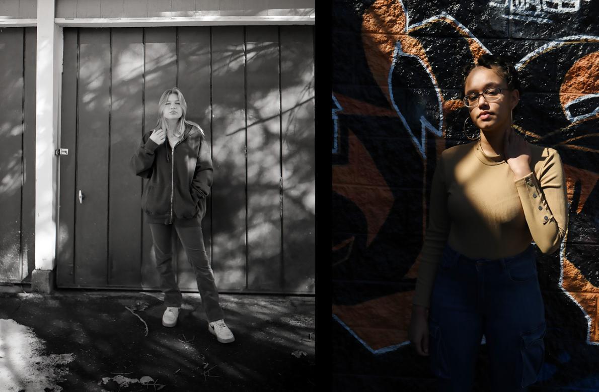 Two portraits of teenagers standing against a wall