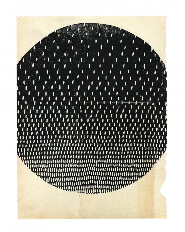 artwork for the book Men Without Women. Dark gray circle with a collage of lightly colored ovals on antique brown book page