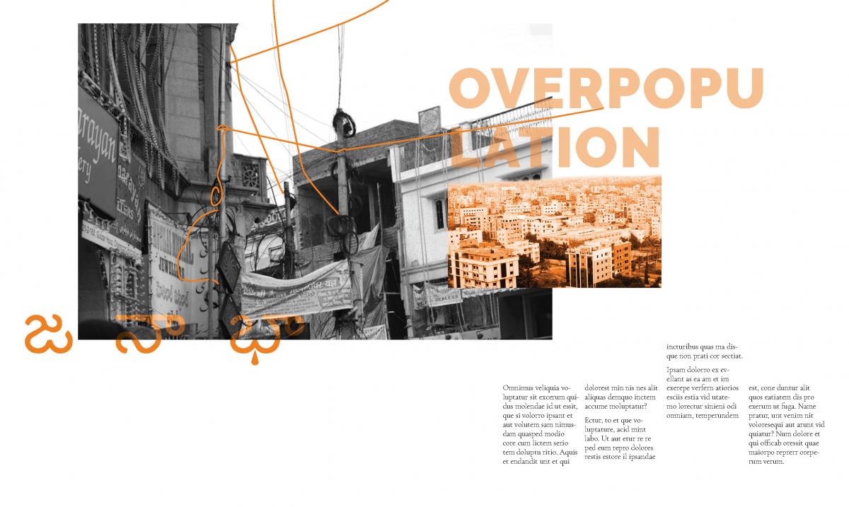 magazine spread with gray image and orange header text