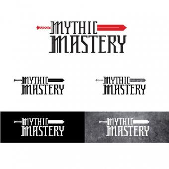 Five different logo options with black text reading "Mythic Mastery"