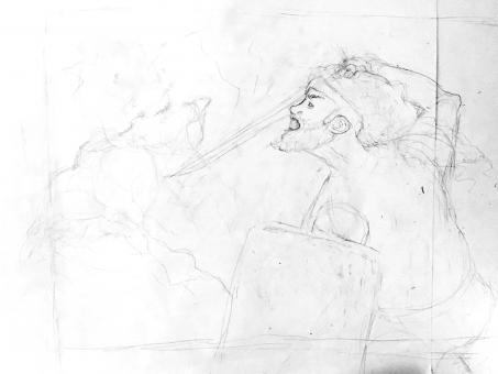Simple pencil sketch of man fighting monster on white paper