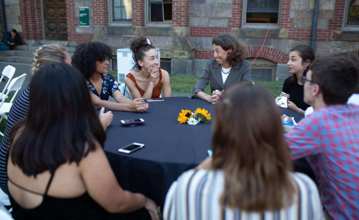 President Janet Steinmeyer speaking with incoming first-year and transfer students.