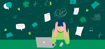 Illustration of a girl with her head in her hands. On the table before her is a laptop, a cellphone, and a piece of paper. Doodles of papers, scribbles, speech bubbles, and puzzle pieces surround her. The illlustration has a color palette of green and blue.
