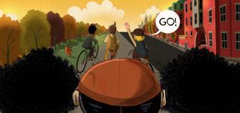 A digital illustration of three adolescence racing down the sidewalk on bicycles, one with a speak bubble that says, "Go!"