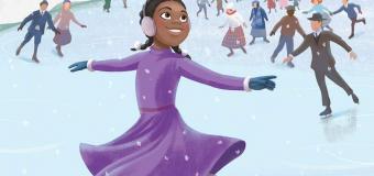 Illustrated book cover with an African-American girl wearing a purple dress and ice skating