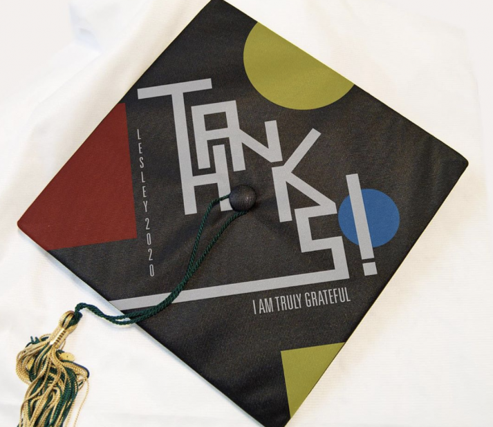 Decorated graduation cap with the phrase "Thanks, I am truly grateful." 