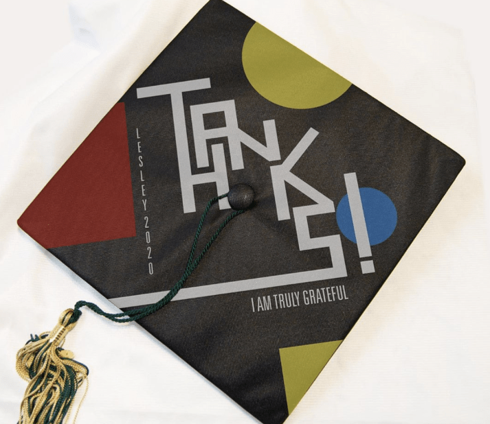 Decorated graduation cap with the phrase "Thanks, I am truly grateful."