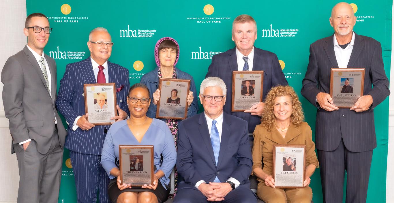 Group photograph of inductees in Massachusetts Broadcasters Hall of Fame