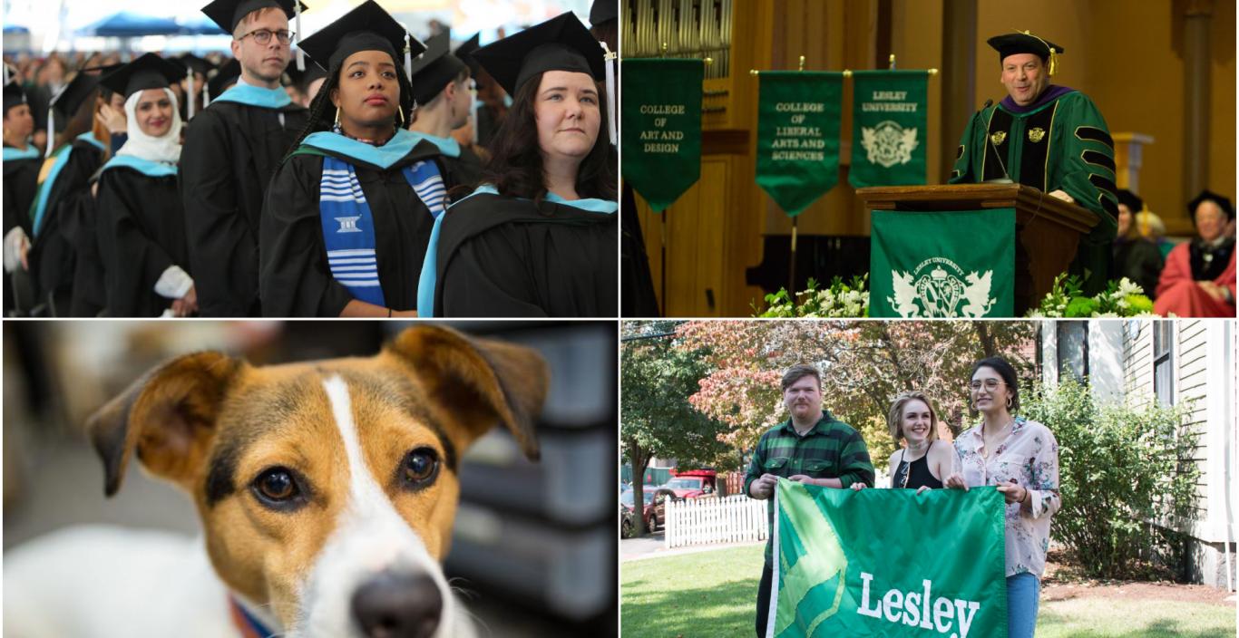 Four pictures from the year: students at graduation, President Weiss at the podium during his inauguration, students hold the new Lesley flag they designed and a closeup of Tally the therapy dog.