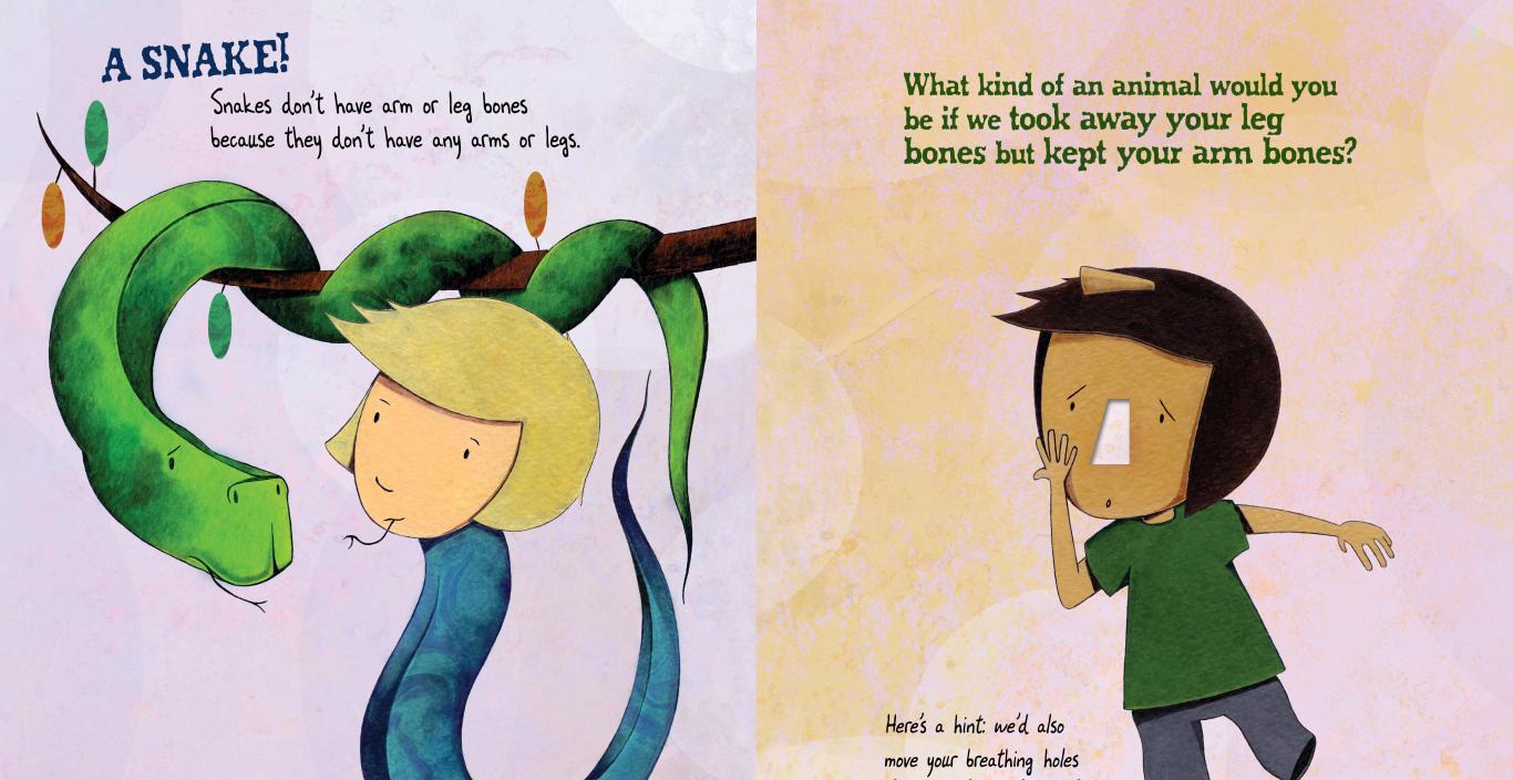 A layout from Sara Levine's book Bone by Bone - on the left a snake looks at a girl who has a body for a snake. It says "Snakes don't have arm or leg bones becuase they don't have any arms or legs." On the right, a boy with no nose and his legs are missing beneath his trousers - "What kind of an animal would you be if we took away your leg bones but kept your arm bones? Here's a hint: We'd also move your breathing holes from the front of our face to the top of your skull."