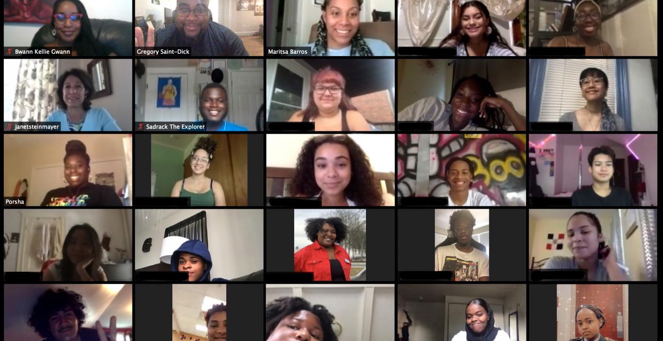 Zoom screenshot of students and staff