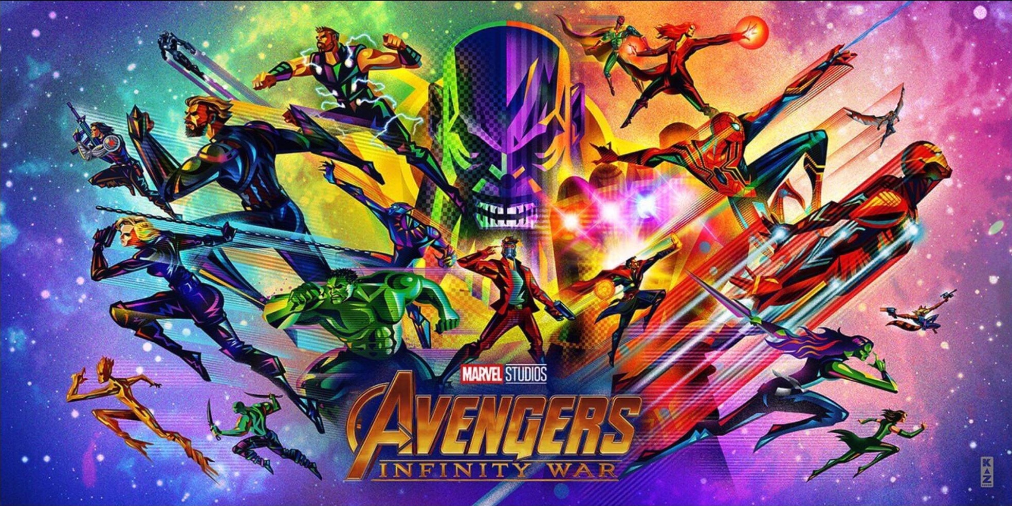 digital poster of Avengers movie with the characters flying out of the center