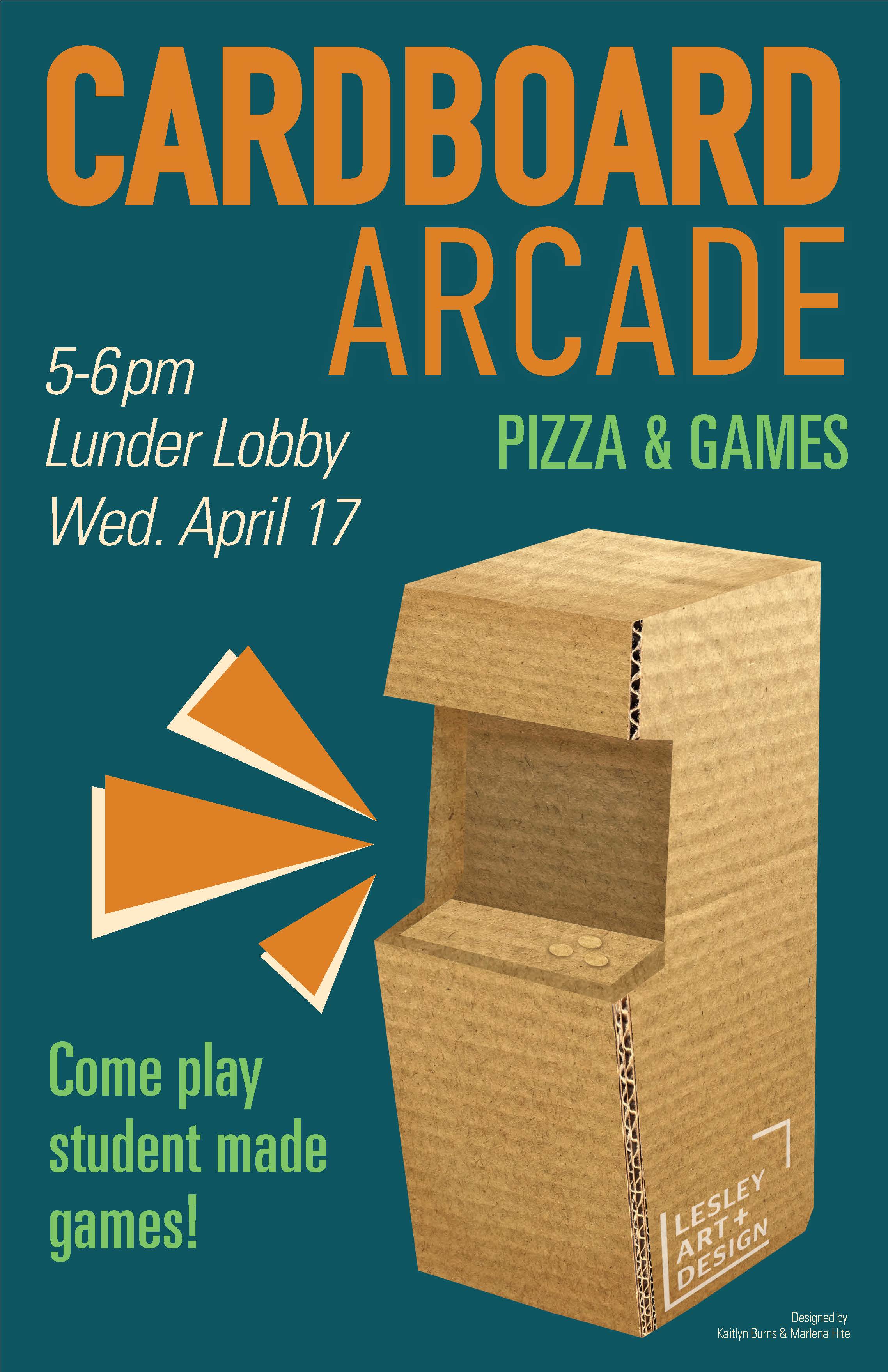 The words "Cardboard Arcade" in bright orange on a dark teal background. An image of an arcade game made of cardboard sits beneath it.