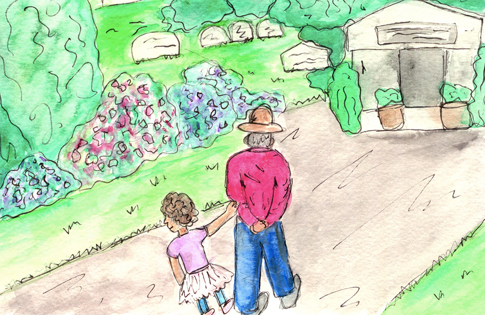 An color illustration from "The Waggle Dance" by Elaina Heikes. It is a picture of a little girl and her uncle walking through a cemetery.