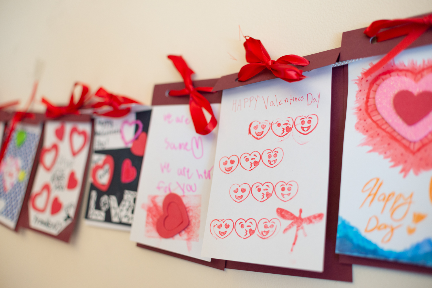 Valentine's Day cards strung up on a wall