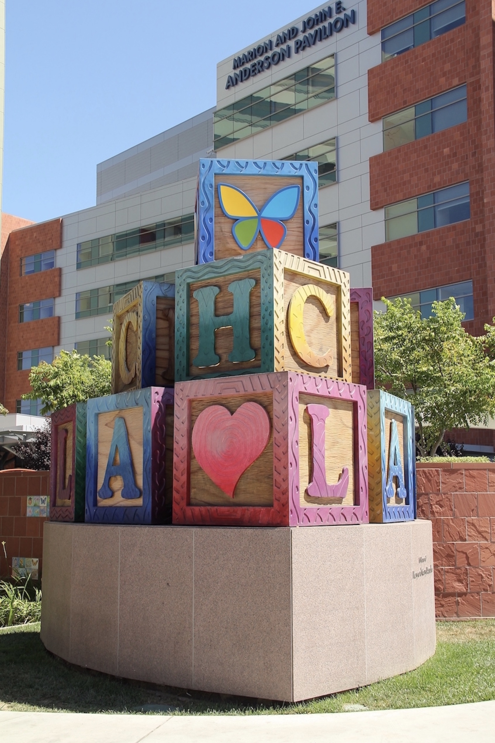 Large sculpture of children's ABC blocks