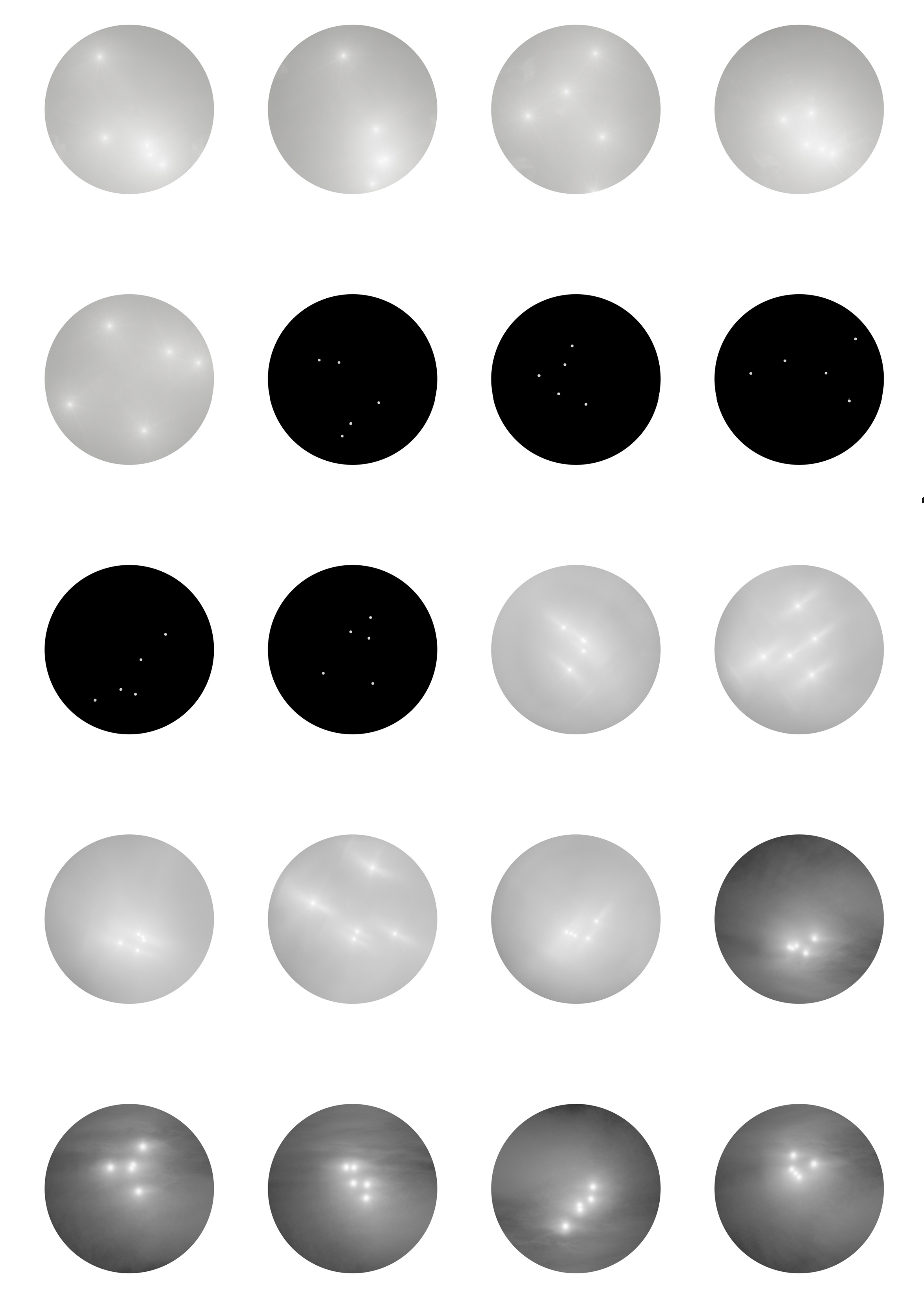 digital collage of 20 black and gray circles with star-like shapes in them