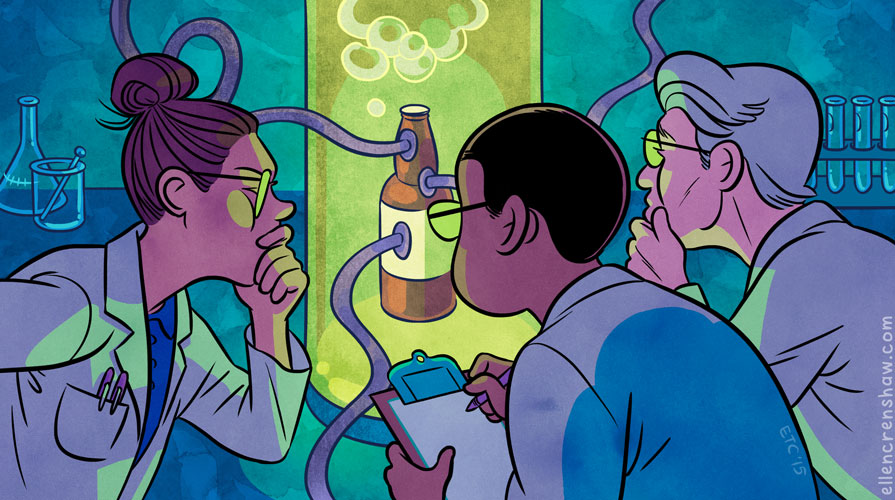 illustration of three scientists in a lab looking at  green lit brown bottle with tubes coming out of it
