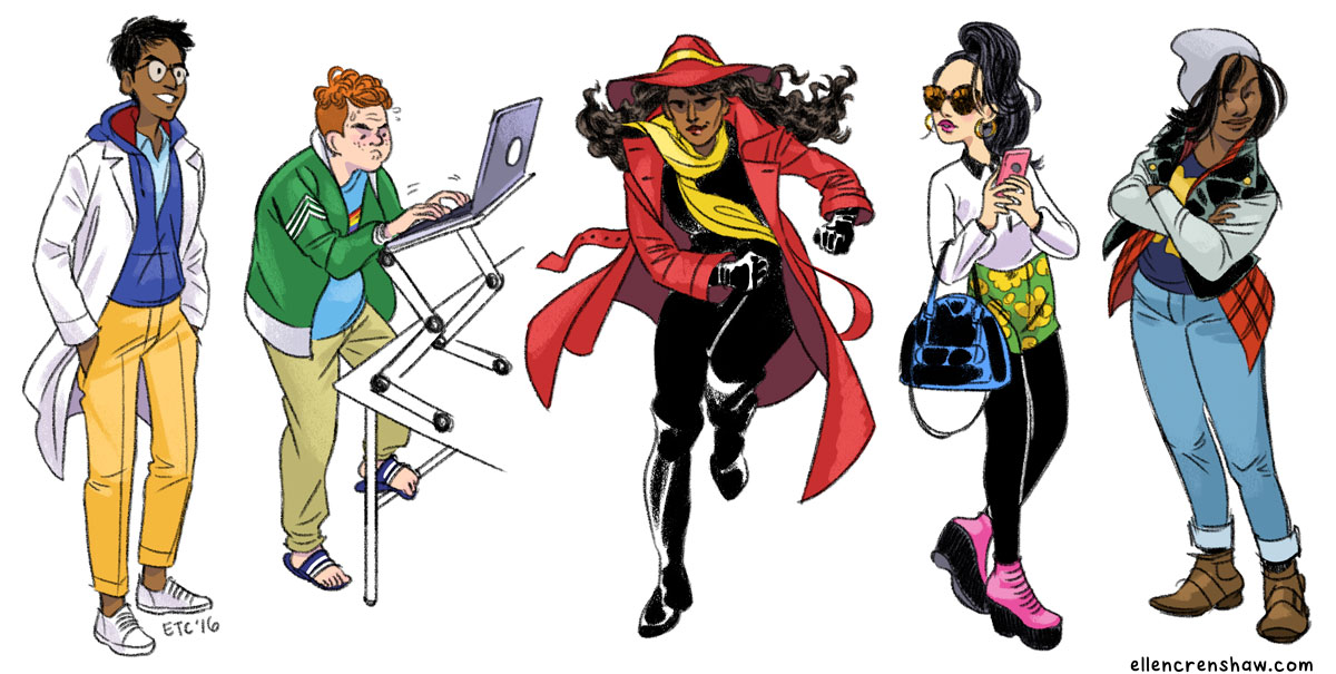 illustrated character design concepts including a scientist, a young man at a computer, carmen san diago, young woman taking a phone call